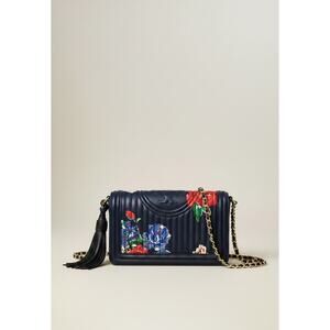 Tory Burch Fleming Navy Tea Rose Floral Leather Chain Shoulder Bag Purse